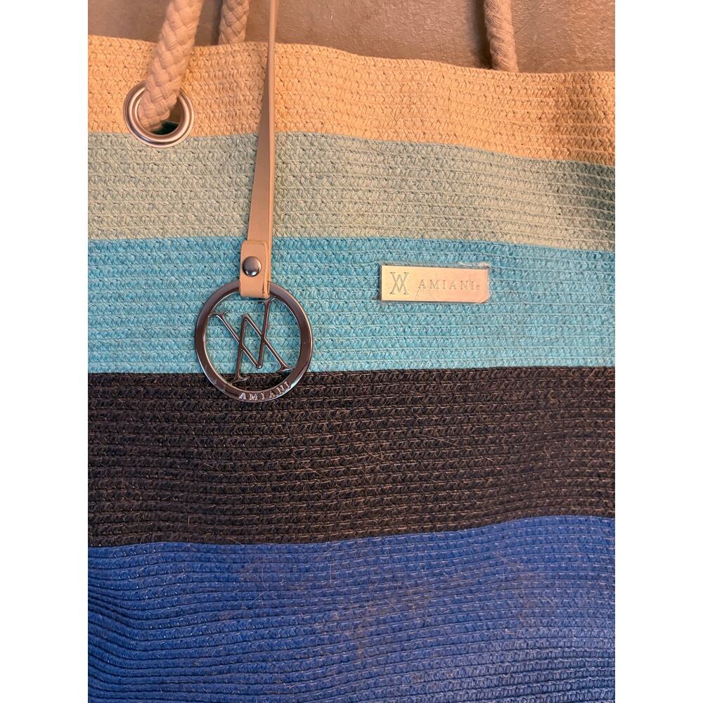 NEW Amiani Beach Tote Bag Striped Blue Gradient Jute Rope Handles Summer Purse - Picture 11 of 16